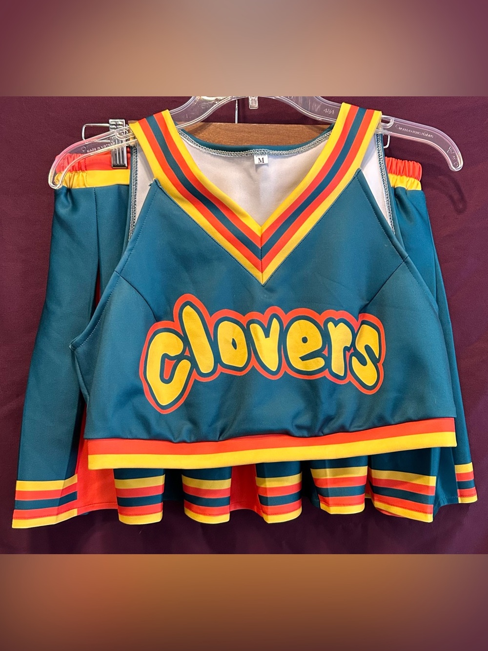 Teal 'Clovers' Cheer Top & Skirt Set with Yellow + Red Trim